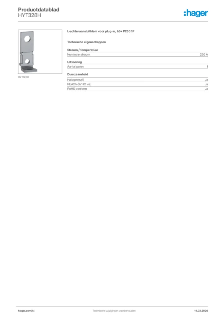 Afbeelding Hager Productdatablad HYT328H | Hager Nederland