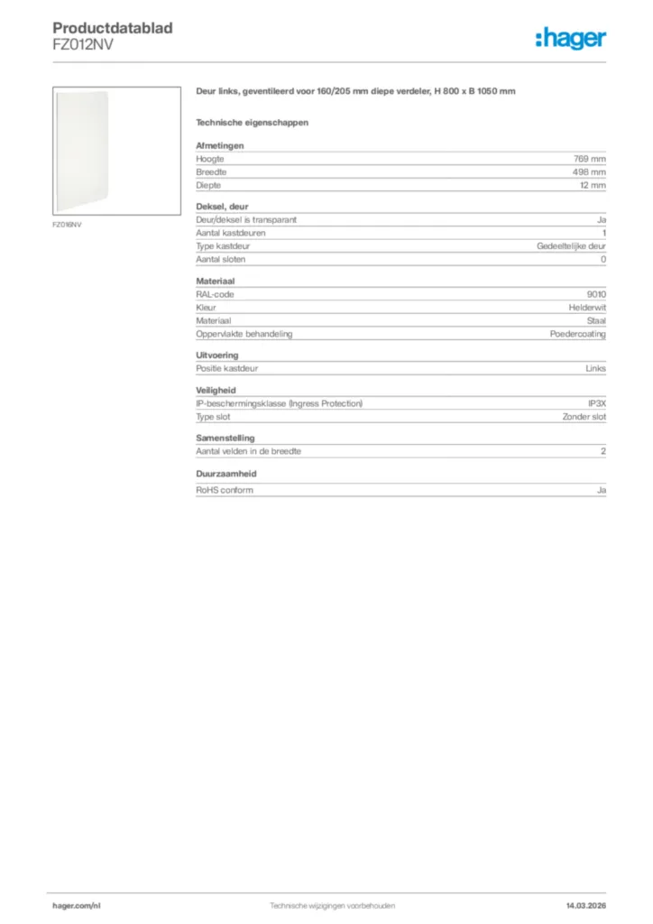 Afbeelding Hager Productdatablad FZ012NV | Hager Nederland
