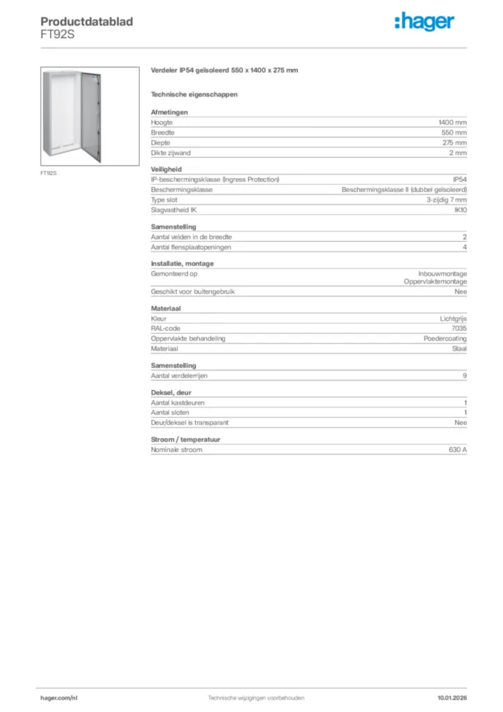 Afbeelding Hager Productdatablad FT92S | Hager Nederland