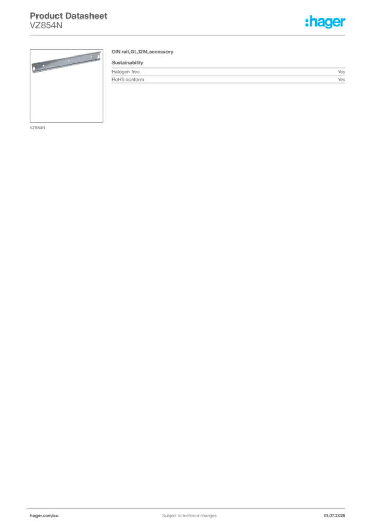 Image Hager Product data sheet VZ854N  | Hager Australia
