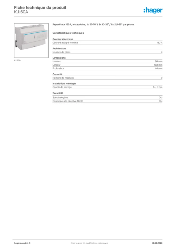 Image Hager Fiche technique du produit KJ160A | Hager Afrique