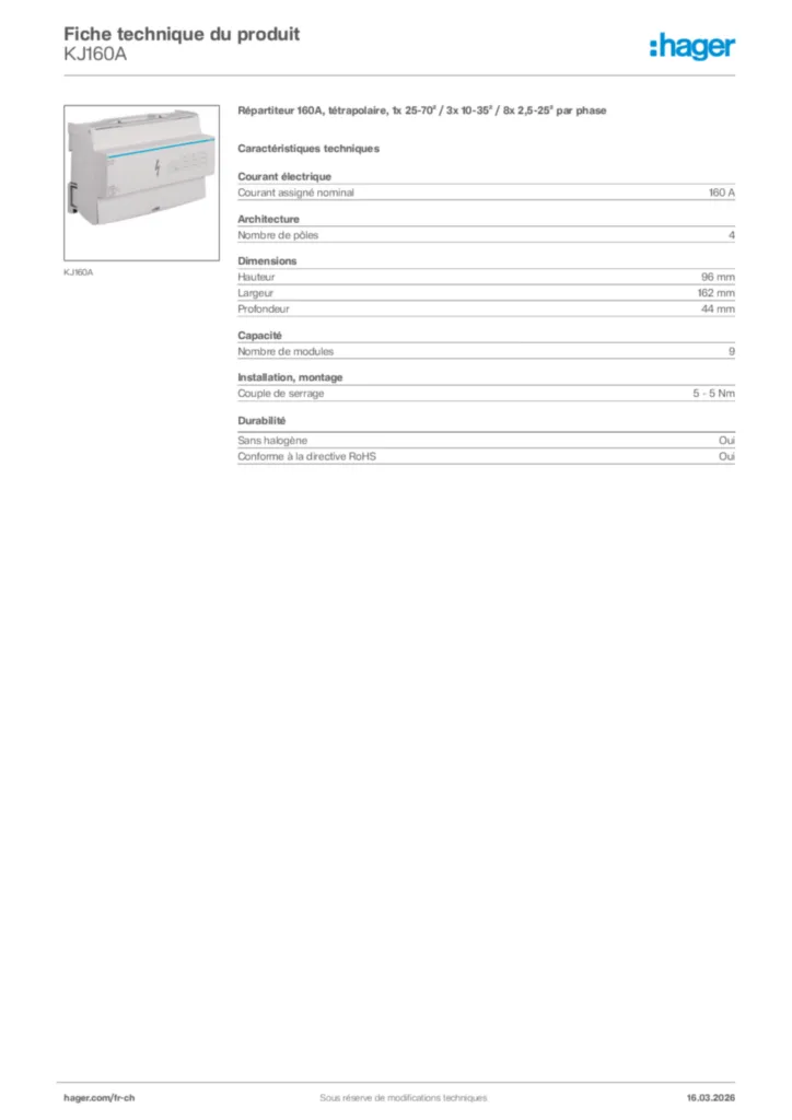 Image Hager Fiche technique du produit KJ160A | Hager Suisse
