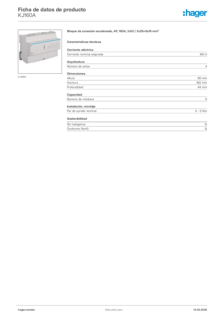 Imagen Hager Ficha de datos de producto KJ160A | Hager España