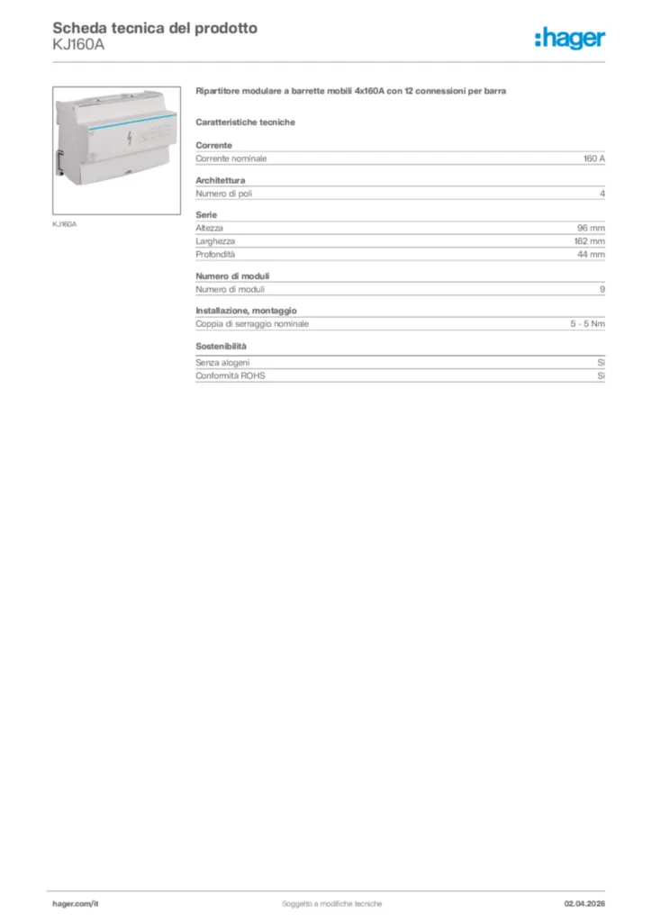 Immagine Hager Scheda tecnica del prodotto KJ160A | Hager Italia