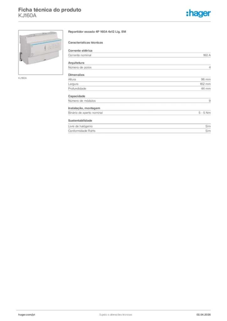 Imagem Hager Ficha técnica do produto KJ160A | Hager Portugal