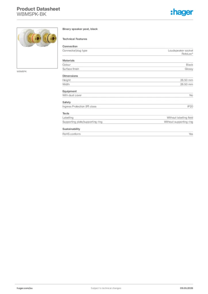 Image Hager Product data sheet WBMSPK-BK  | Hager Australia