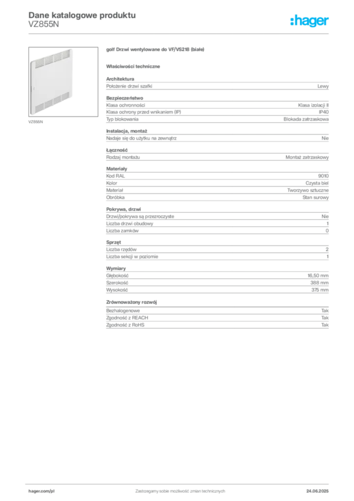 Zdjęcie Hager Dane katalogowe produktu VZ855N | Hager Polska
