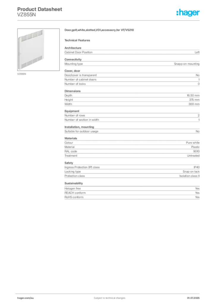 Image Hager Product data sheet VZ855N  | Hager Australia
