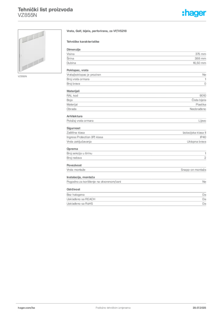 Slika Hager Product data sheet VZ855N  | Hager