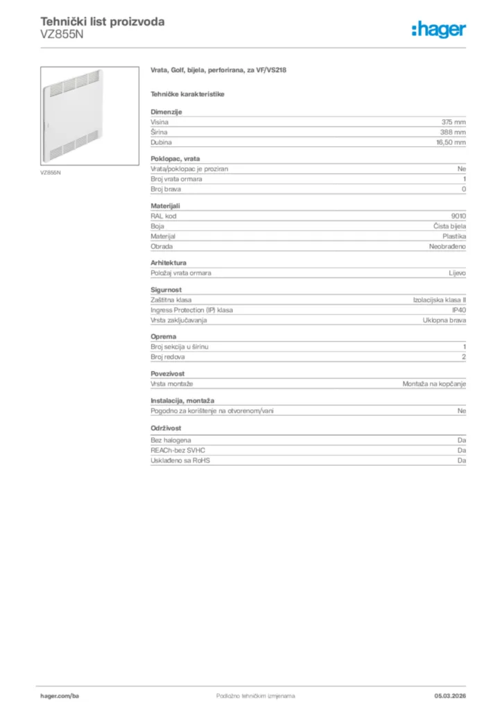 Slika Hager Tehnički list proizvoda VZ855N  | Hager