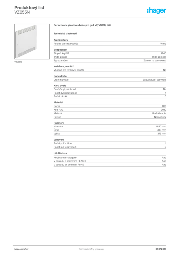 Obrázek Hager Produktový list VZ855N | Hager