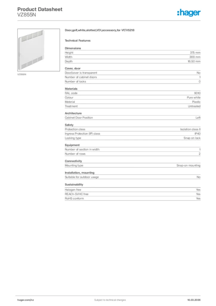 Image Hager Product data sheet VZ855N  | Hager New Zealand