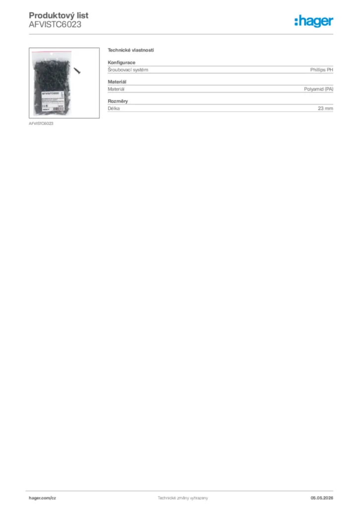 Obrázek Hager Product data sheet AFVISTC6023 | Hager