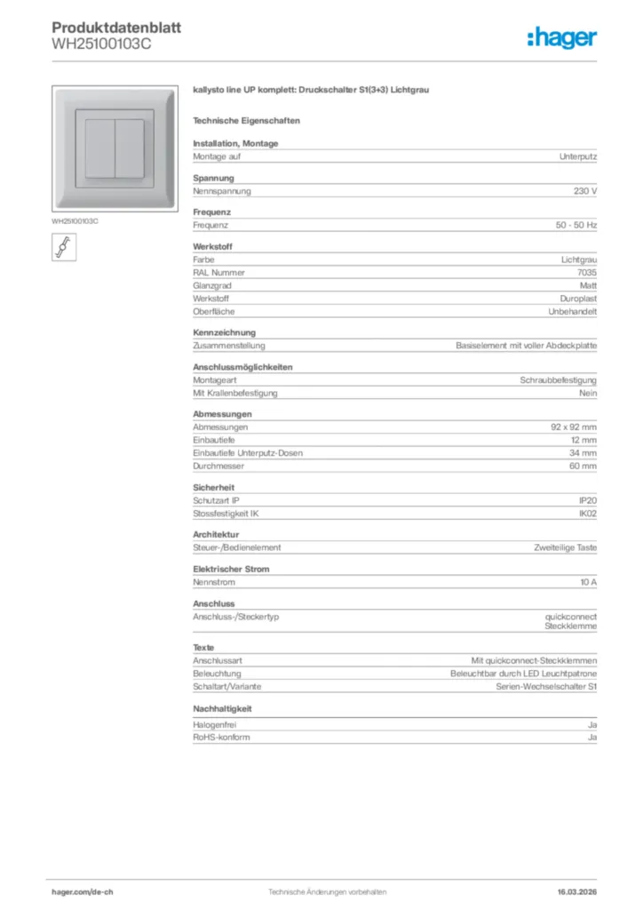 Bild Hager Produktdatenblatt WH25100103C | Hager Schweiz