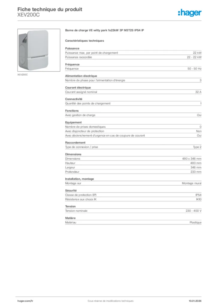 Image Hager Fiche technique du produit XEV200C | Hager France