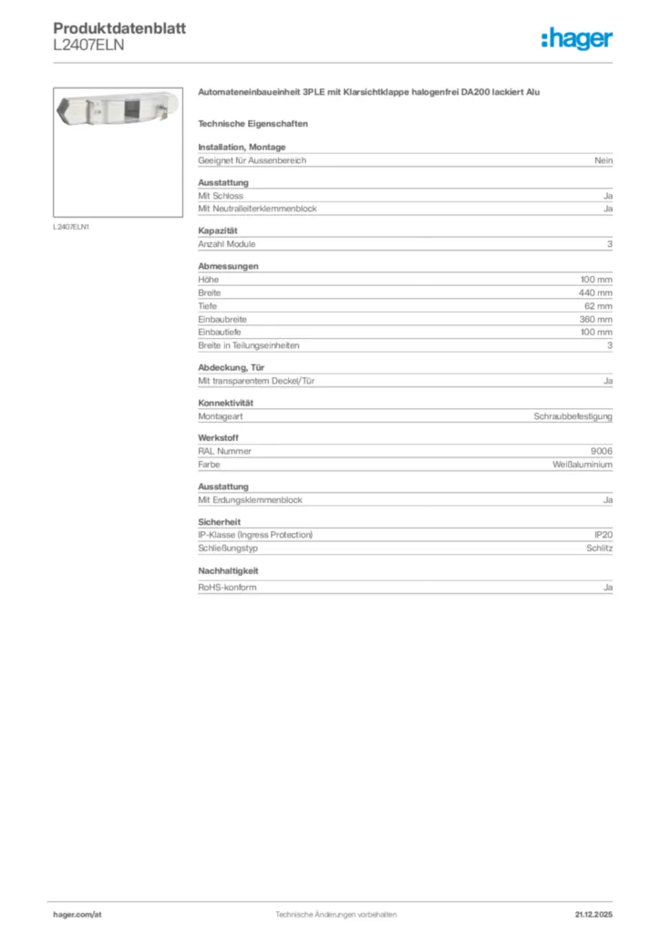 Bild Hager Produktdatenblatt L2407ELN | Hager Deutschland