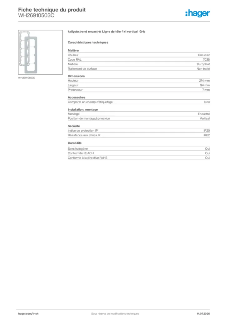 Image Hager Fiche technique du produit WH26910503C | Hager Suisse