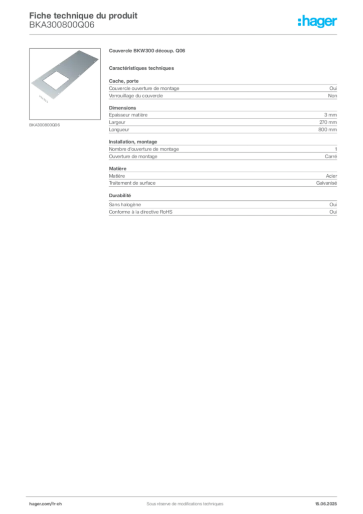Image Hager Fiche technique du produit BKA300800Q06 | Hager Suisse