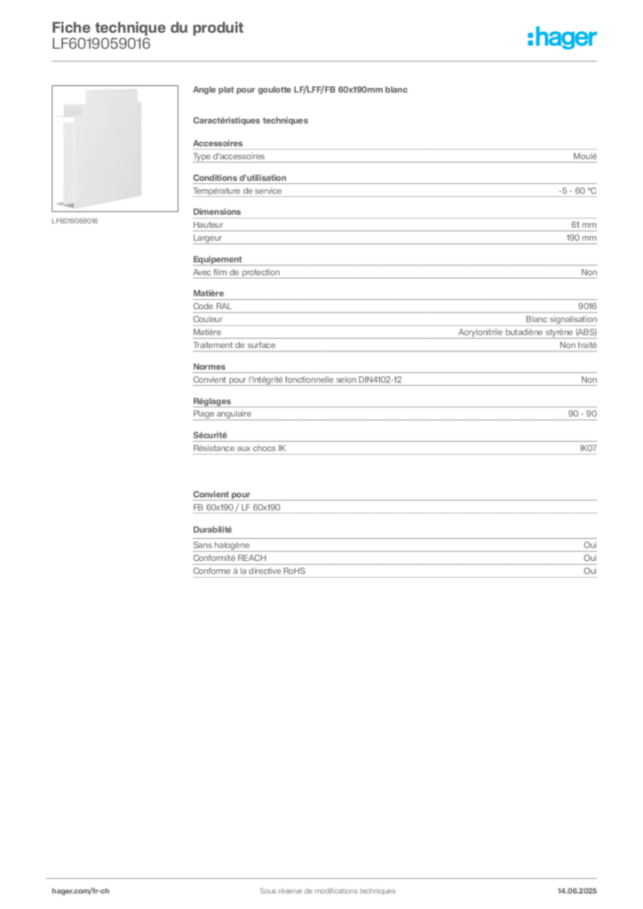 Image Hager Fiche technique du produit LF6019059016 | Hager Suisse