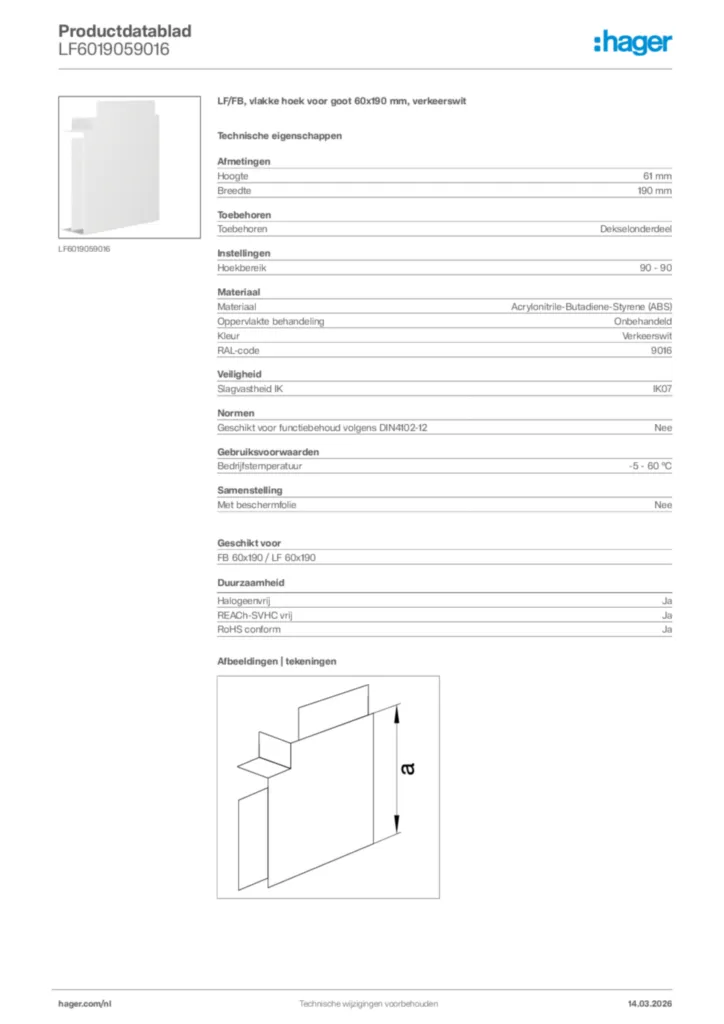 Afbeelding Hager Productdatablad LF6019059016 | Hager Nederland