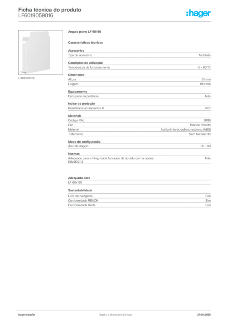 Imagem Hager Ficha técnica do produto LF6019059016 | Hager Portugal