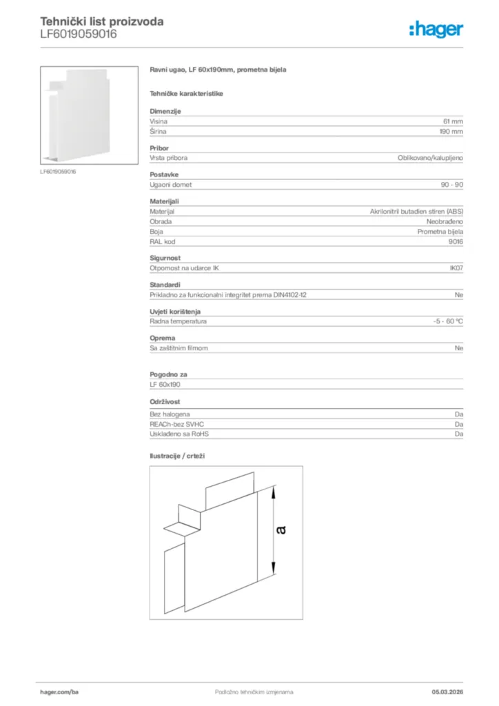 Slika Hager Tehnički list proizvoda LF6019059016  | Hager