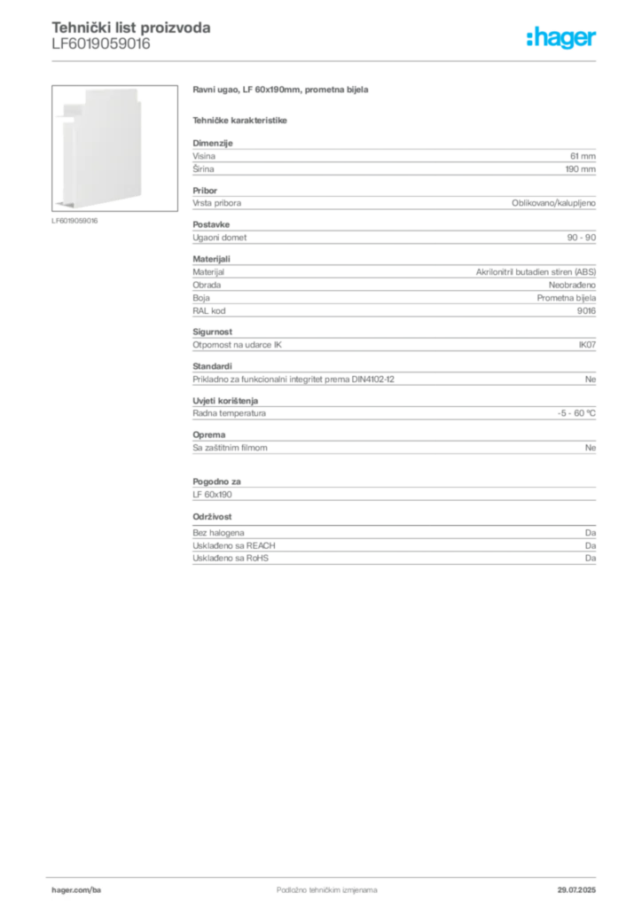 Slika Hager Product data sheet LF6019059016  | Hager