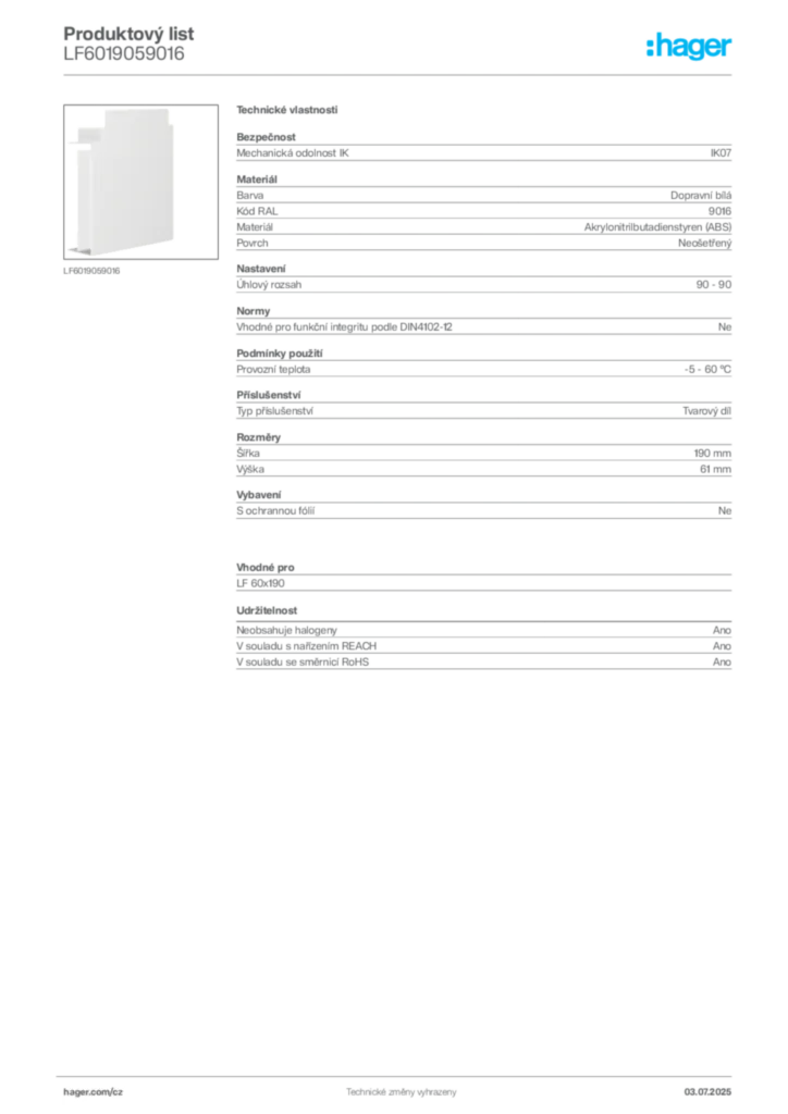 Obrázek Hager Produktový list LF6019059016 | Hager