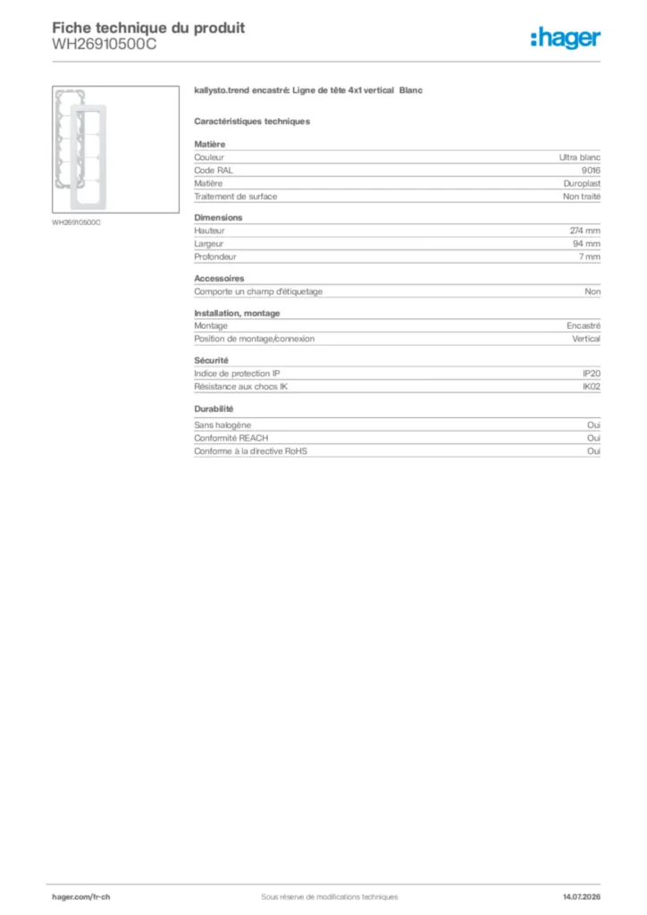 Image Hager Fiche technique du produit WH26910500C | Hager Suisse