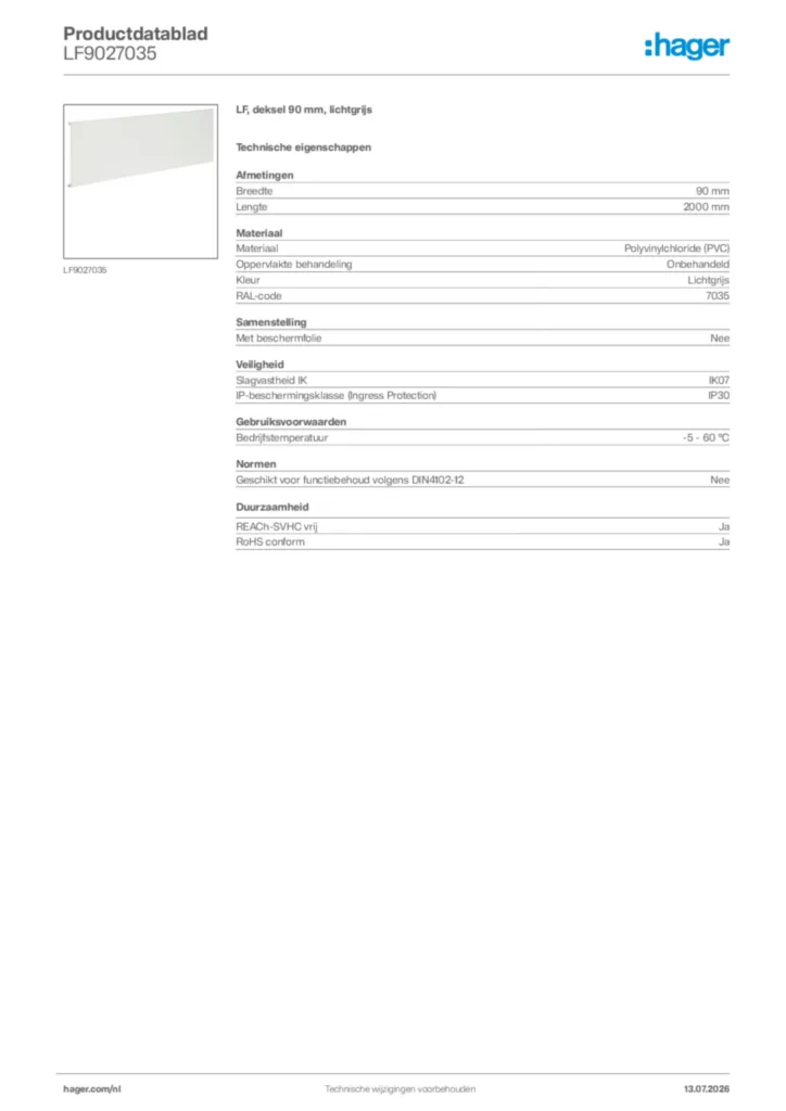 Afbeelding Hager Productdatablad LF9027035 | Hager Nederland