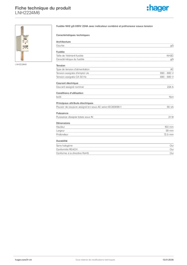Image Hager Fiche technique du produit LNH2224M6 | Hager Suisse