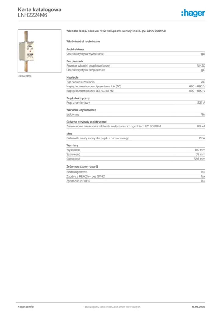 Zdjęcie Hager Karta katalogowa LNH2224M6 | Hager Polska
