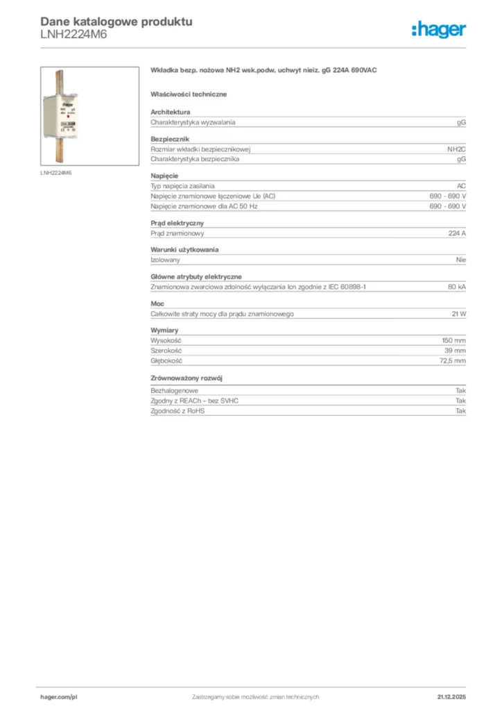 Zdjęcie Hager Dane katalogowe produktu LNH2224M6 | Hager Polska