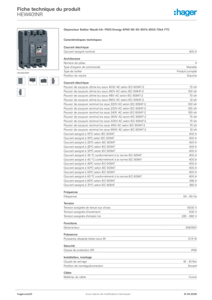 Image Hager Fiche technique du produit HEW401NR | Hager France