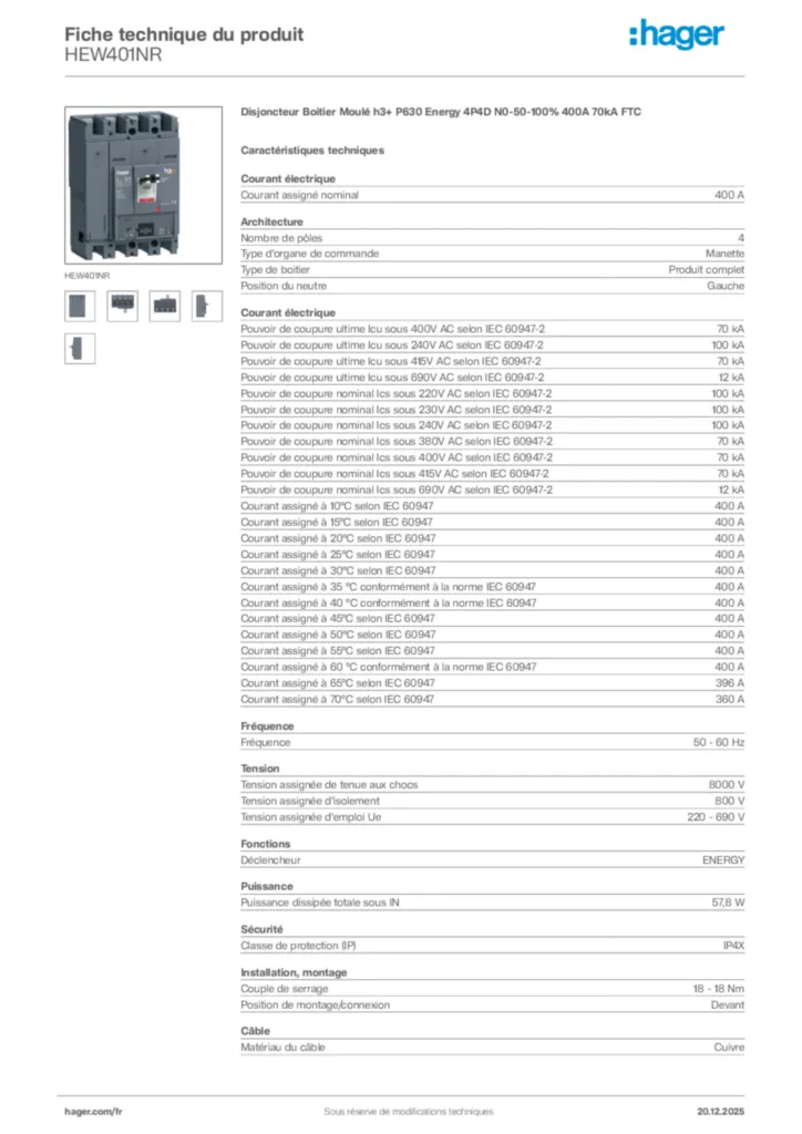 Image Hager Fiche technique du produit HEW401NR | Hager France