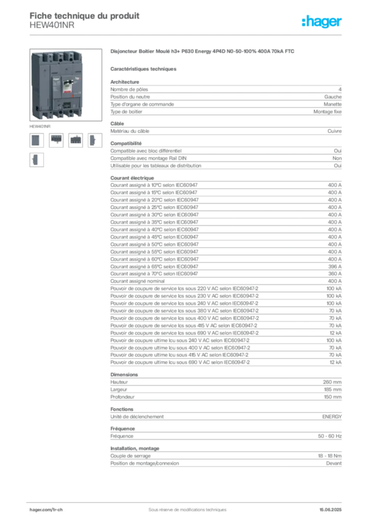 Image Hager Fiche technique du produit HEW401NR | Hager Suisse
