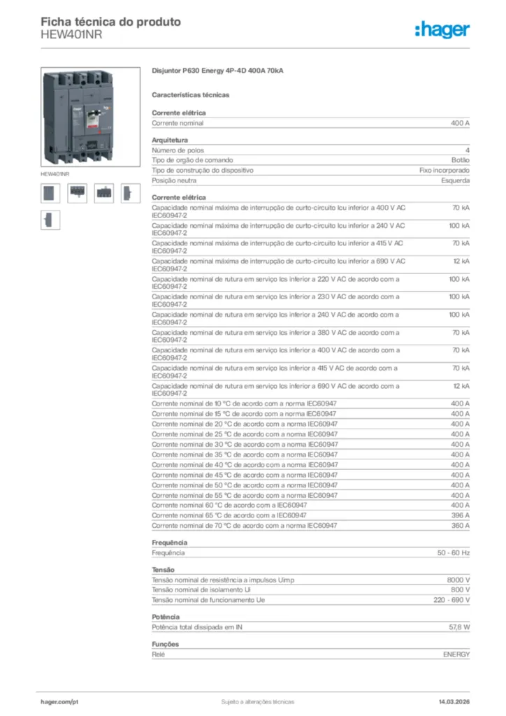 Imagem Hager Ficha técnica do produto HEW401NR | Hager Portugal