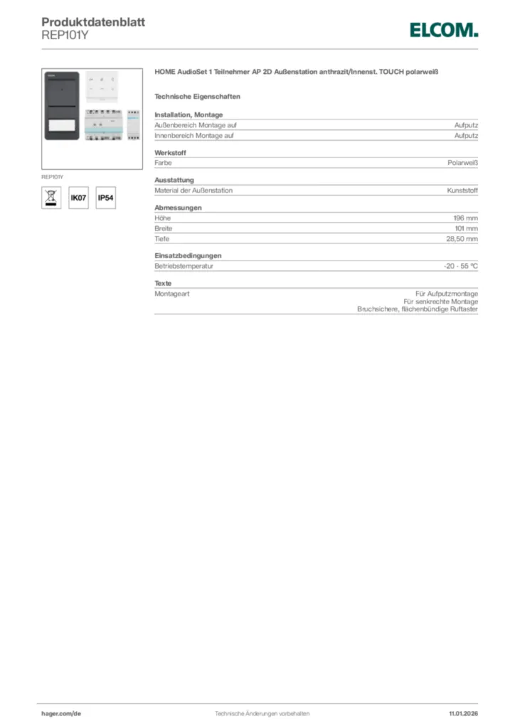 Bild Elcom Produktdatenblatt REP101Y | Hager Deutschland