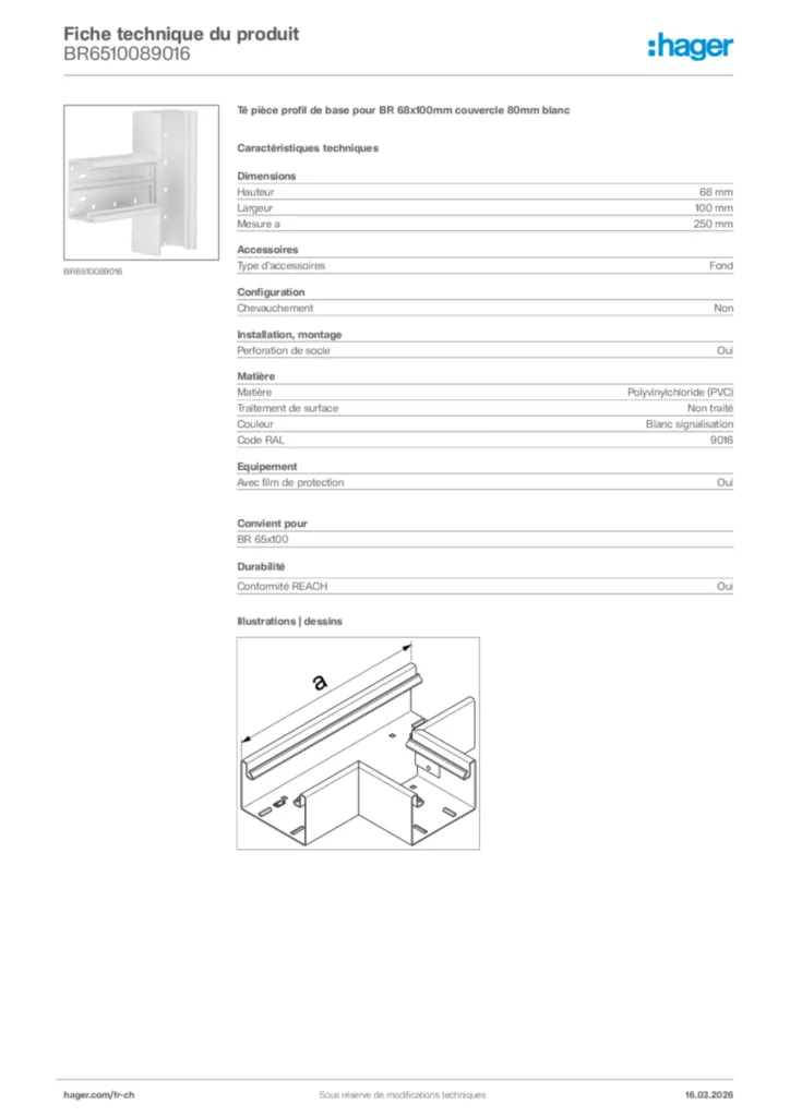 Image Hager Fiche technique du produit BR6510089016 | Hager Suisse