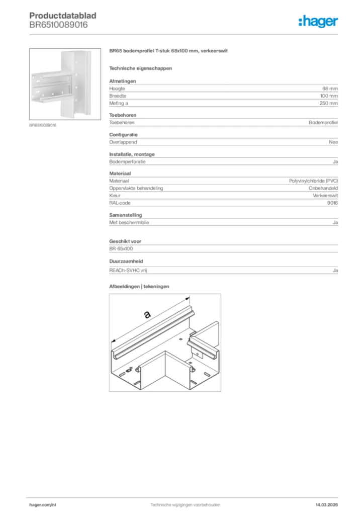 Afbeelding Hager Productdatablad BR6510089016 | Hager Nederland
