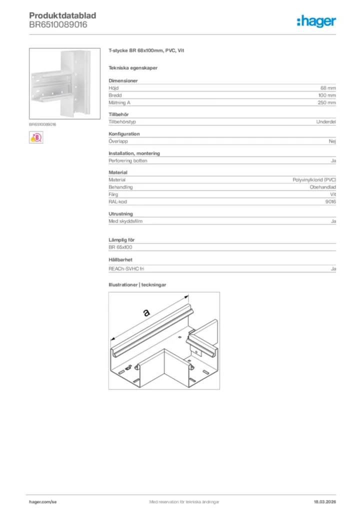 Bild Hager Produktdatablad BR6510089016 | Hager Sverige