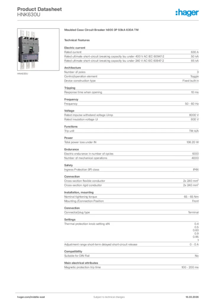 Image Hager Product data sheet HNK630U  | Hager