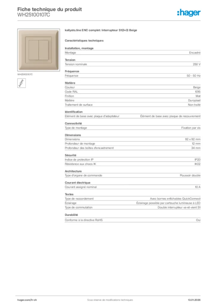 Image Hager Fiche technique du produit WH25100107C | Hager Suisse