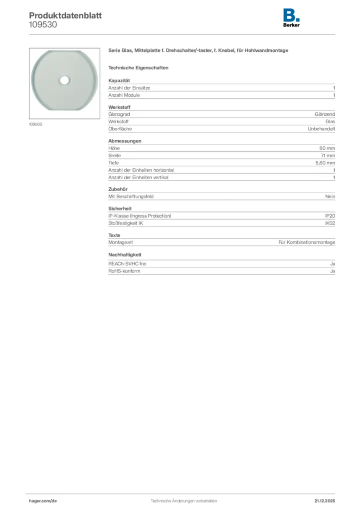Bild Berker Produktdatenblatt 109530 | Hager Deutschland