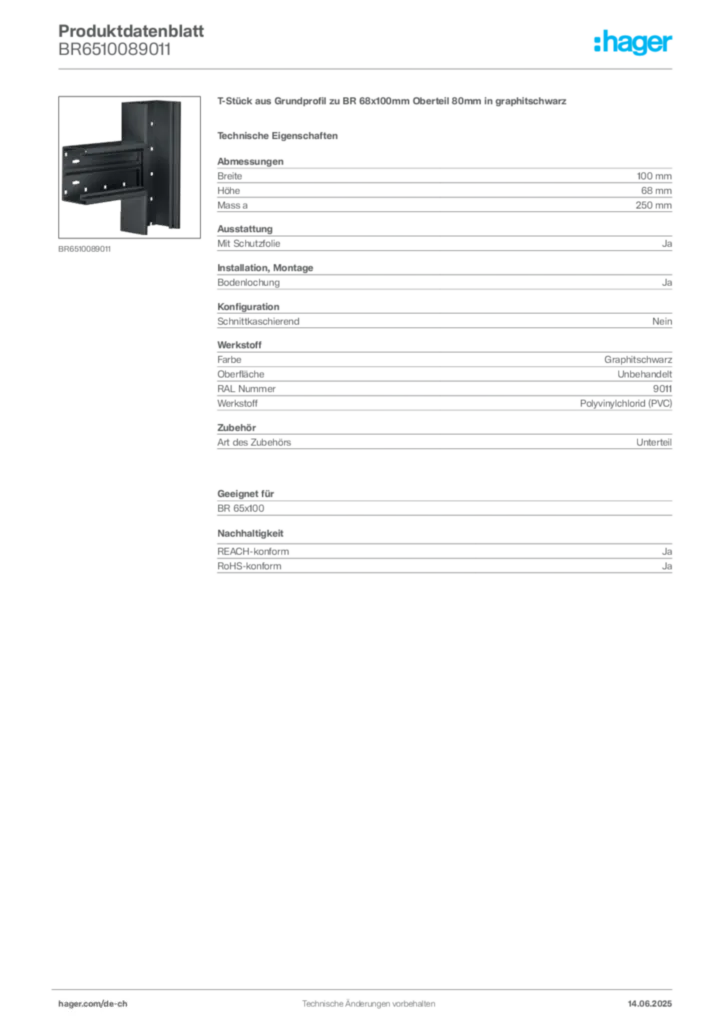Bild Hager Produktdatenblatt BR6510089011 | Hager Schweiz
