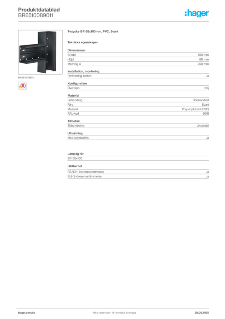 Bild Hager Produktdatablad BR6510089011 | Hager Sverige