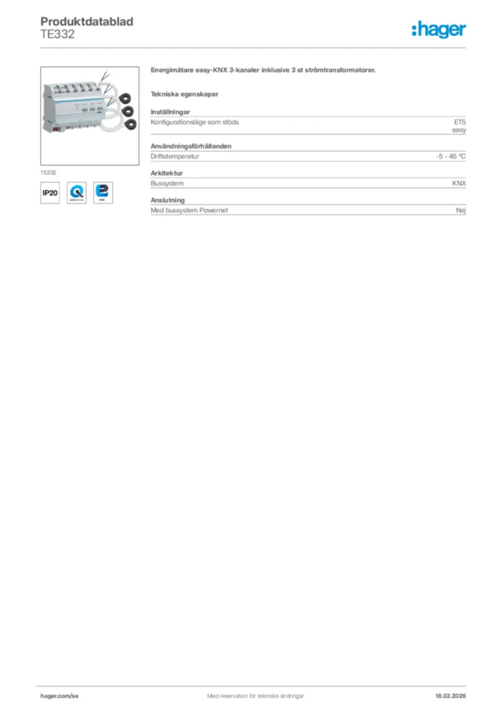 Bild Hager Produktdatablad TE332 | Hager Sverige