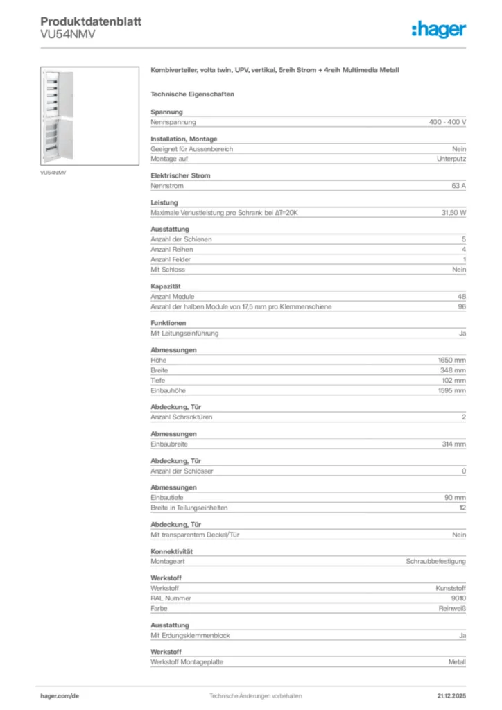 Bild Hager Produktdatenblatt VU54NMV | Hager Deutschland