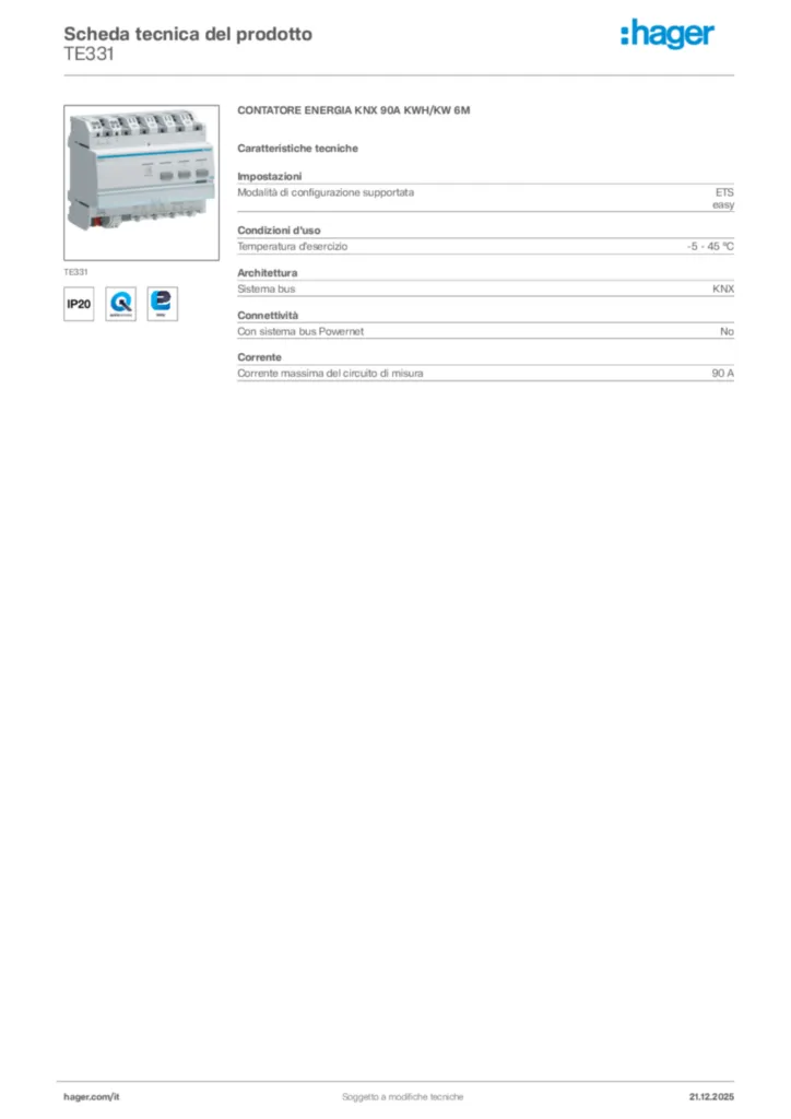 Immagine Hager Scheda tecnica del prodotto TE331 | Hager Italia