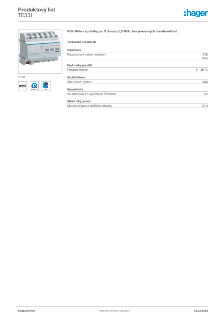 Obrázek Hager Product data sheet TE331 | Hager
